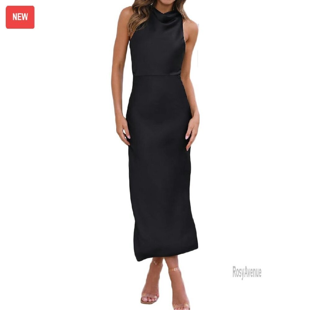 Satin Backless Midi Dress High Neck Cocktail Formal Size